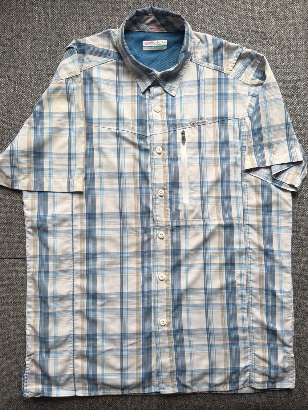 Columbia Beige and Blue Plaid Short-Sleeve Button-Down Shirt - Picture 2 of 5